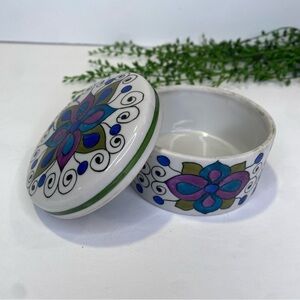 Vintage Hand Painted Purple Blue Green Lidded Trinket Dish Artist Signed